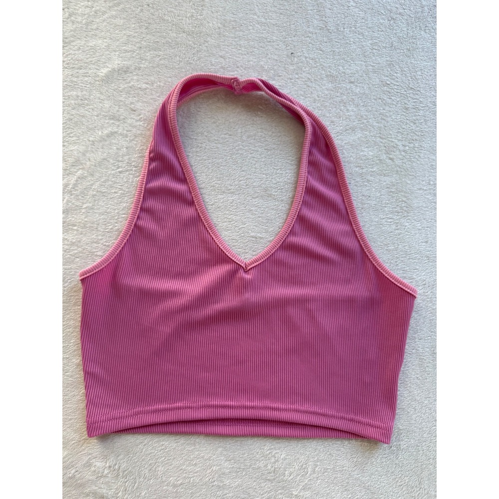 Halter Top Womens Small Pink Ribbed V-Neck Sleeveless Crop Cami Tank